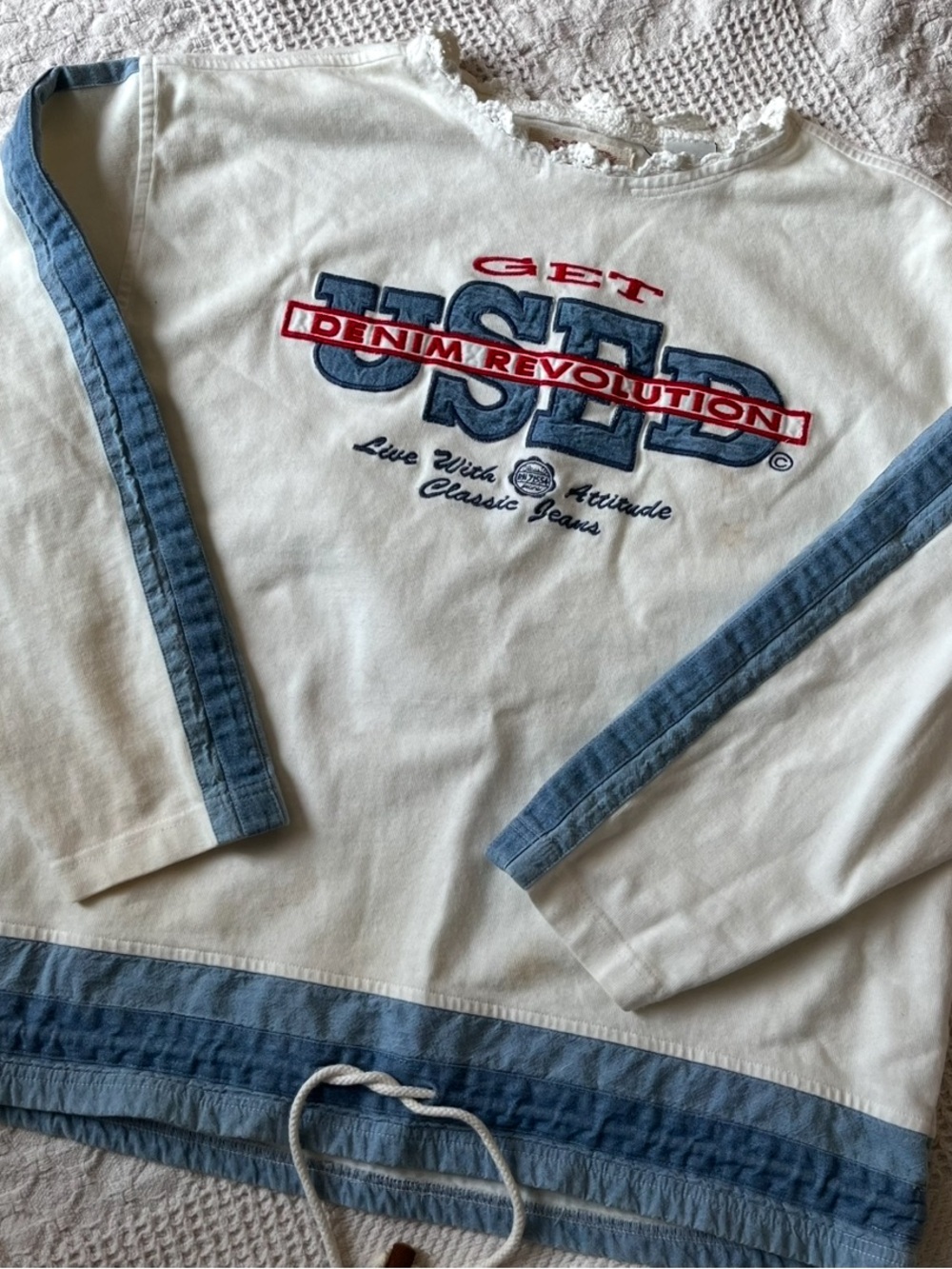 RARE Get Used by Elie Denim Revolution 90s white sweatshirt medium graphic logo